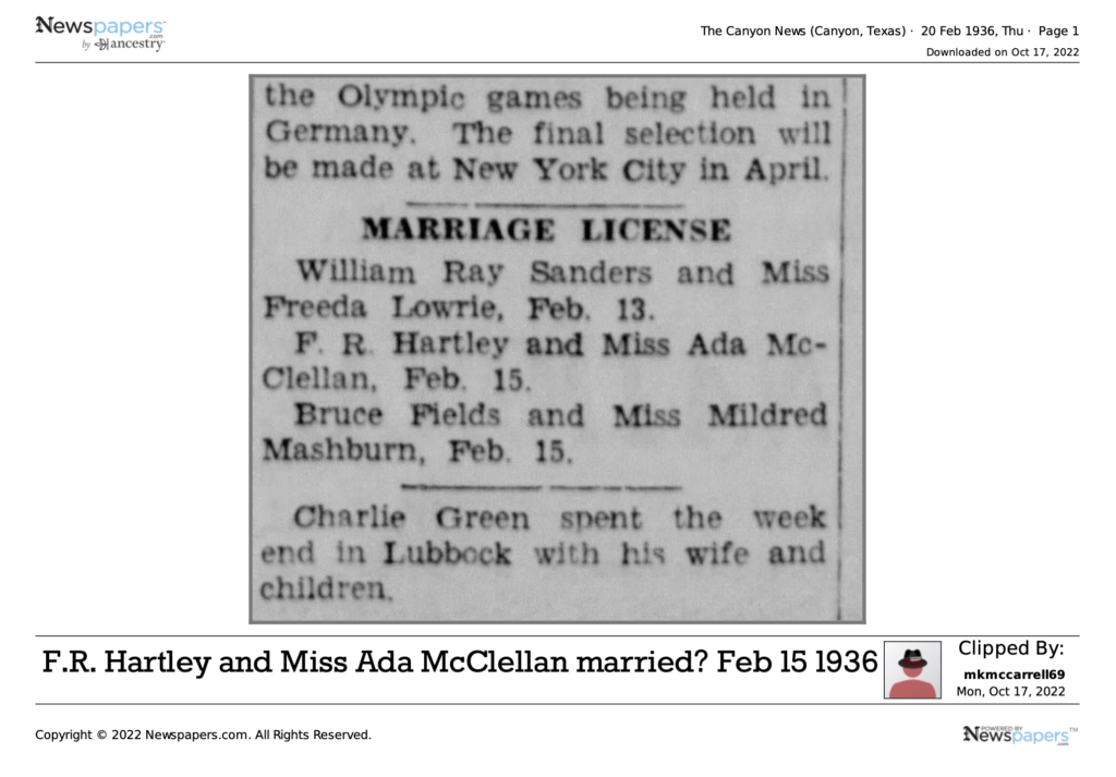 F. R. Hartley Ada McClellan Marriage License